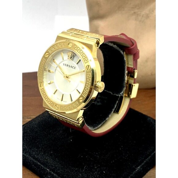 Versace Women\'s Watch VEVH00420 Greca Swiss Quartz Gold Red Leather Strap 38mm